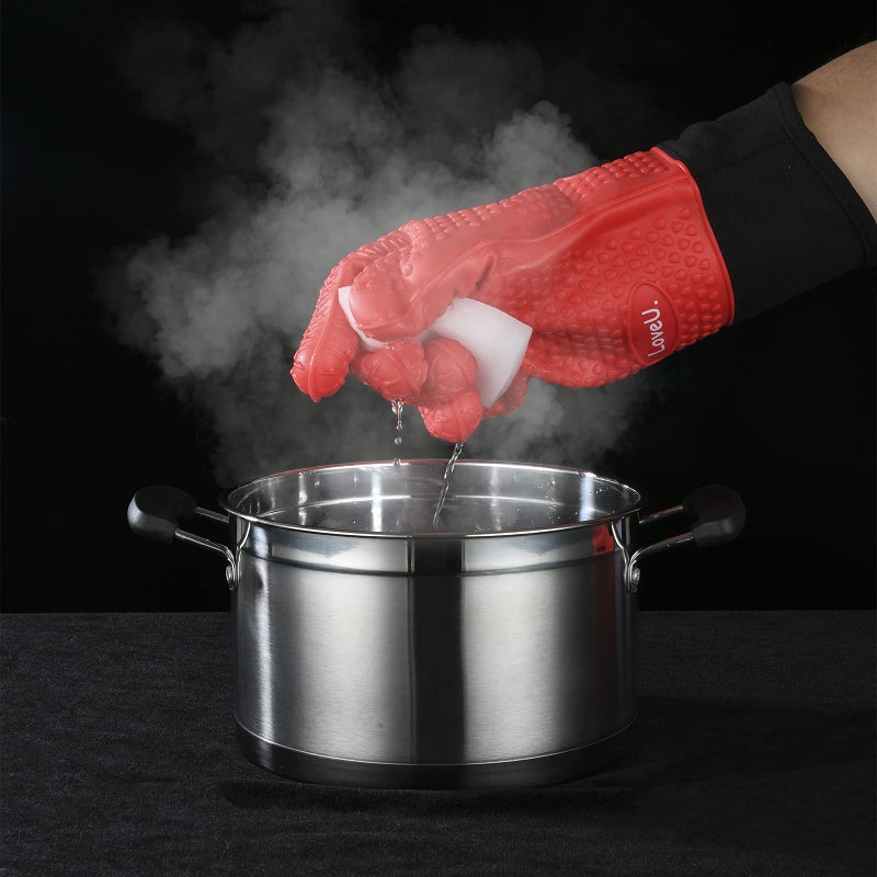 Loveuing Kitchen Oven Gloves - Dual-Layer Heat Resistant Grilling Gloves, Silicone Oven Mitts with 5 Fingers, Waterproof Non-Slip Pot Holder for Barbecue, Cooking, Baking (Red, Long) - Image 5